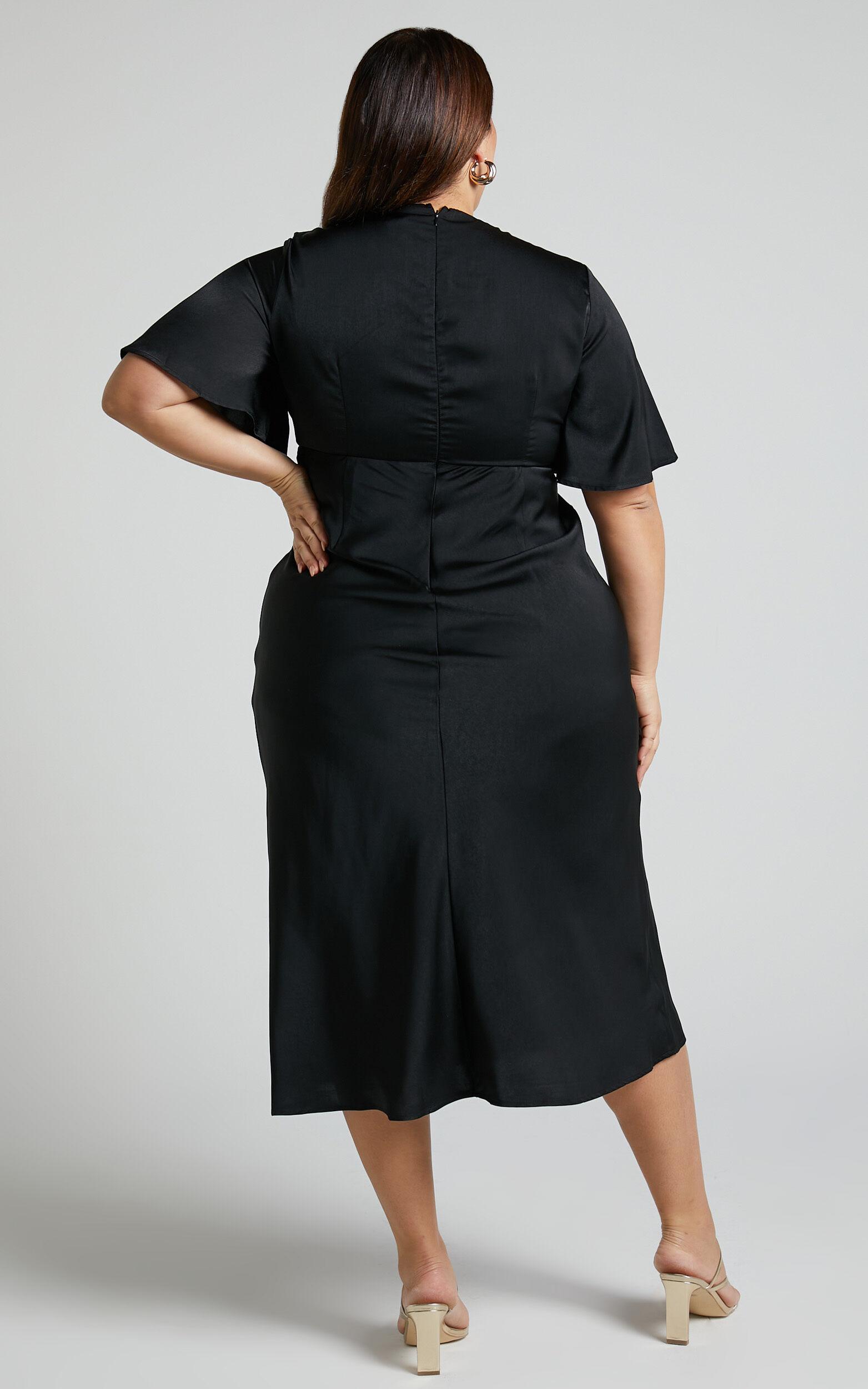 Nicholla Midi Dress - Ruched Front Angel Sleeve Slip Dress in Black Product Image