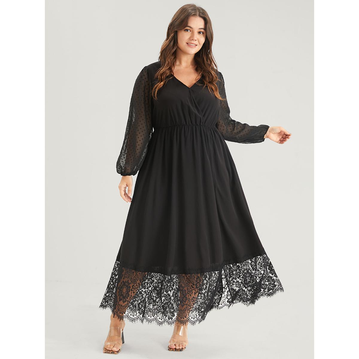 Plus Size Solid Split Eyelet Lace Belted Pocket Button Wrap Maxi Dress Black Women Elegant Lace V-neck Long Sleeve Curvy Long Dress BloomChic 10/M Product Image