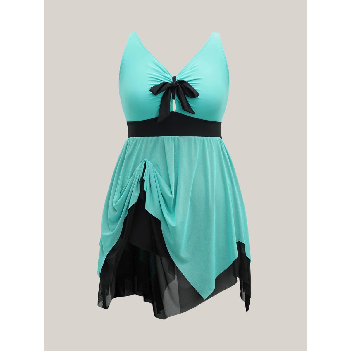Plus Size Ruched Adjustable Bust Tie Swim Dress Women's Swimwear Turquoise Beach Bodycon U-neck High stretch Curve Swim Dresses BloomChic 26/4X Product Image