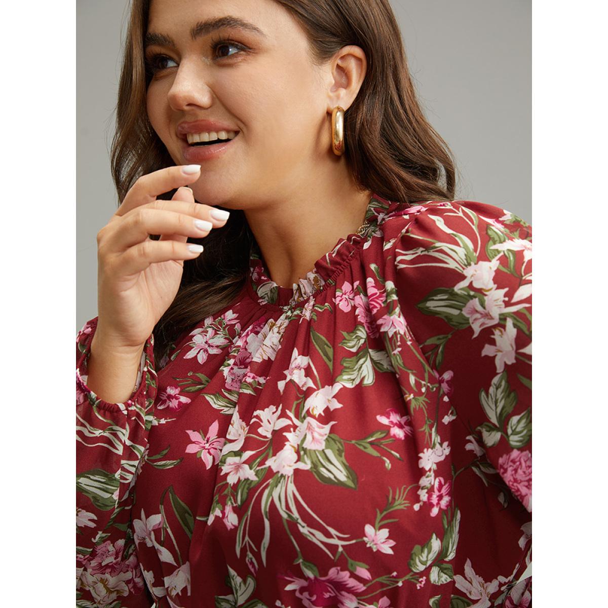 Plus Size Floral Print Belted Patchwork Gathered Dress Scarlet Women Elegant Elastic cuffs Round Neck Long Sleeve Curvy Midi Dress BloomChic 28/5X Product Image