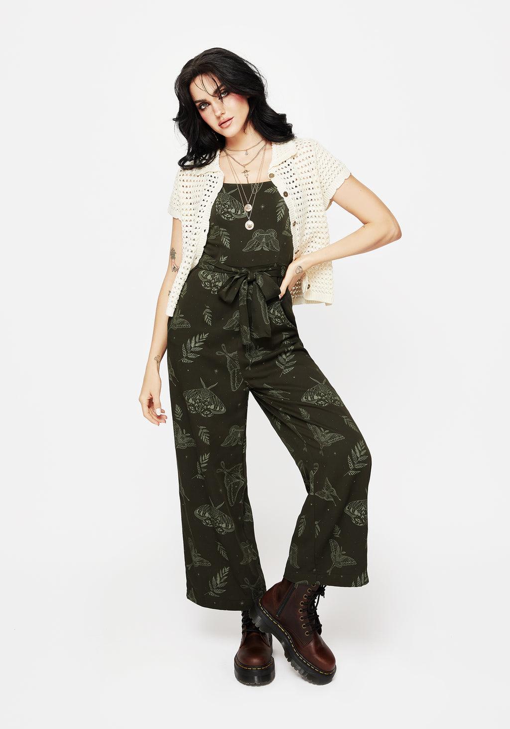 Callopistria Moth Print Wide Leg Jumpsuit - Green Product Image