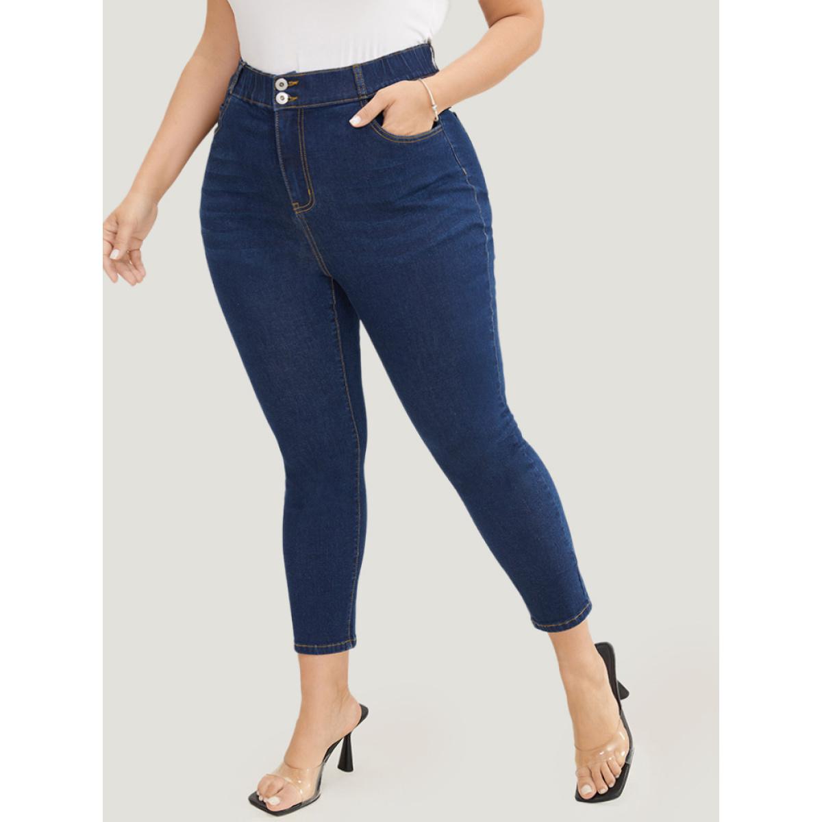 Plus Size Skinny Very Stretchy High Rise Dark Wash Elastic Waist Jeans Women DarkBlue Casual Plain High stretch Pocket Jeans BloomChic 30/6X Product Image