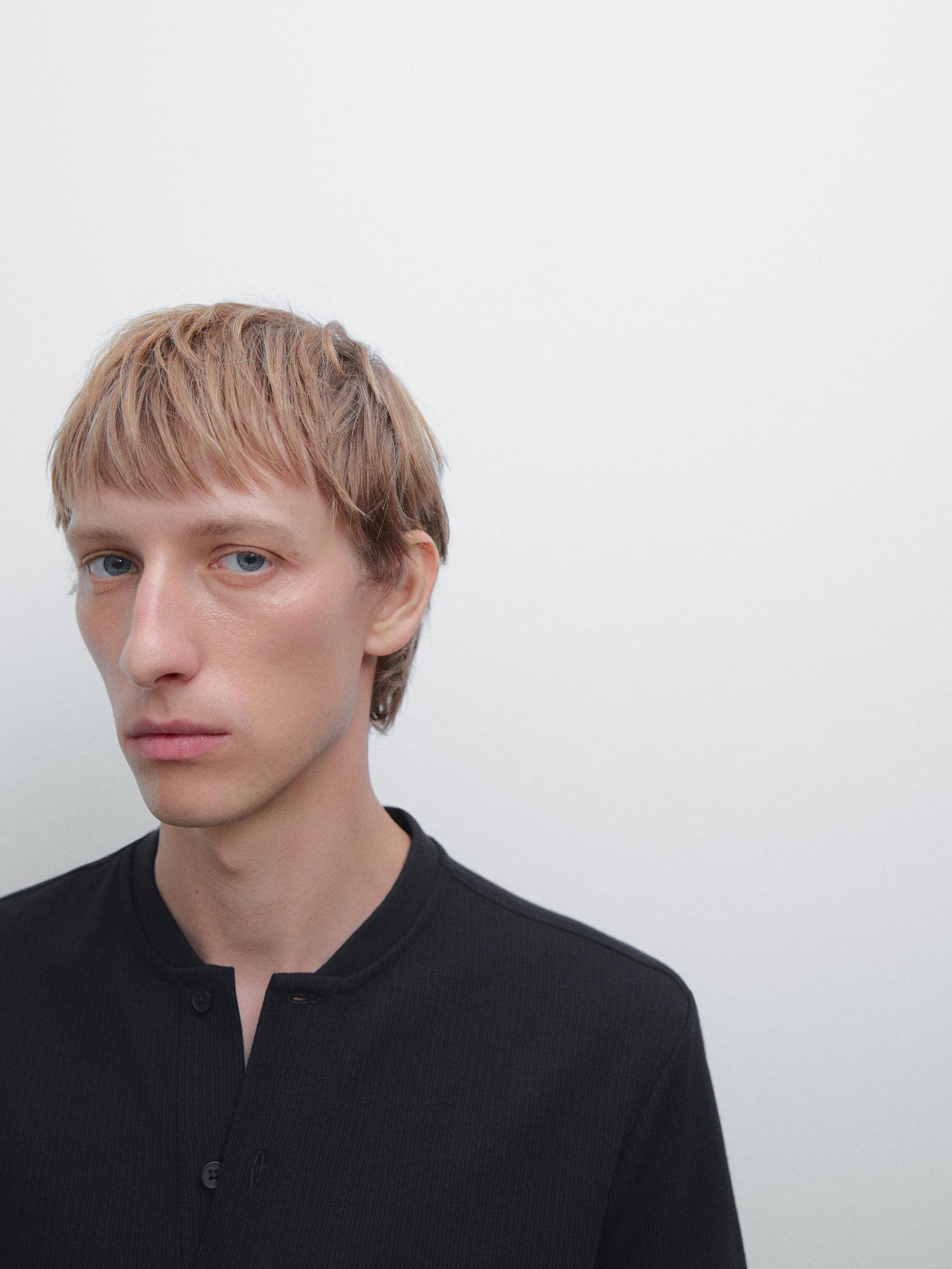 Ribbed polo shirt with stand collar Product Image