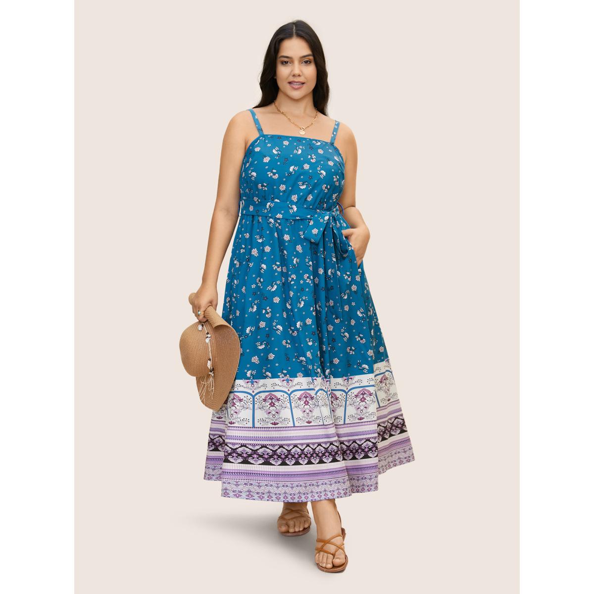 Plus Size Boho Print Patchwork Belted Cami Dress Cerulean Women Resort Belted Non Sleeveless Curvy BloomChic 26/4X Product Image
