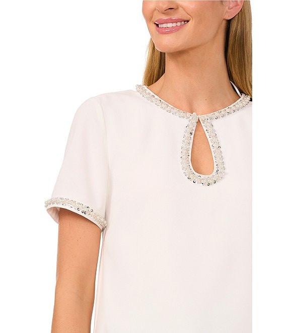 CeCe Keyhole Neck Short Sleeve Beaded Trim Blouse Product Image