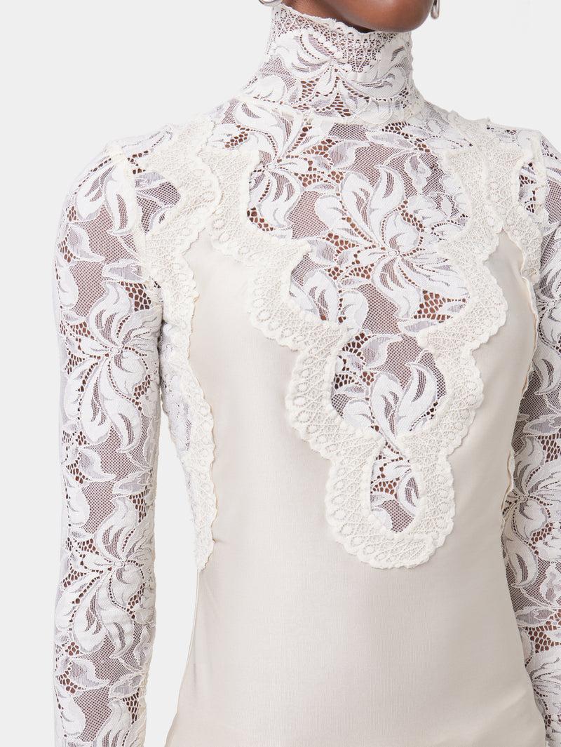 IVORY LONG SLEEVE TOP IN LACE AND JERSEY Product Image