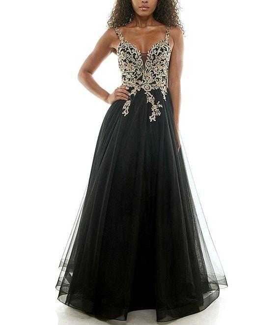 B. Darlin Sleeveless Spaghetti Strap Embellished Embroidered Ball Gown Product Image