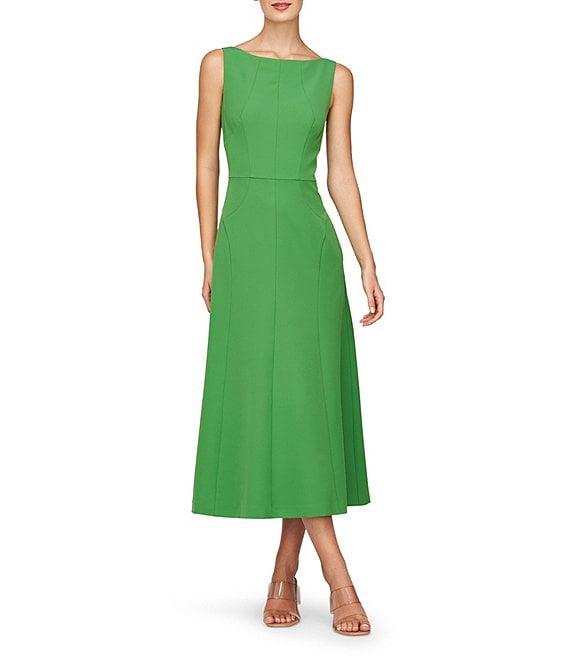 Kay Unger Amari Stretch Crepe Boat Neck Sleeveless V-Back Seam Detail Midi Dress Product Image