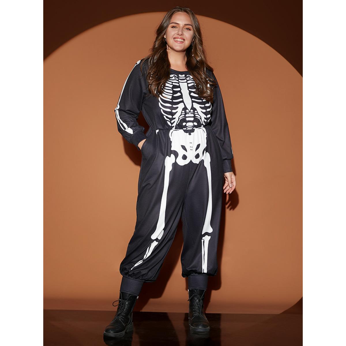 Plus Size Black Halloween Skull Print Round Neck Pocket Jumpsuit Women Casual Long Sleeve Round Neck Festival-Halloween Loose Jumpsuits BloomChic 14-16/1X Product Image