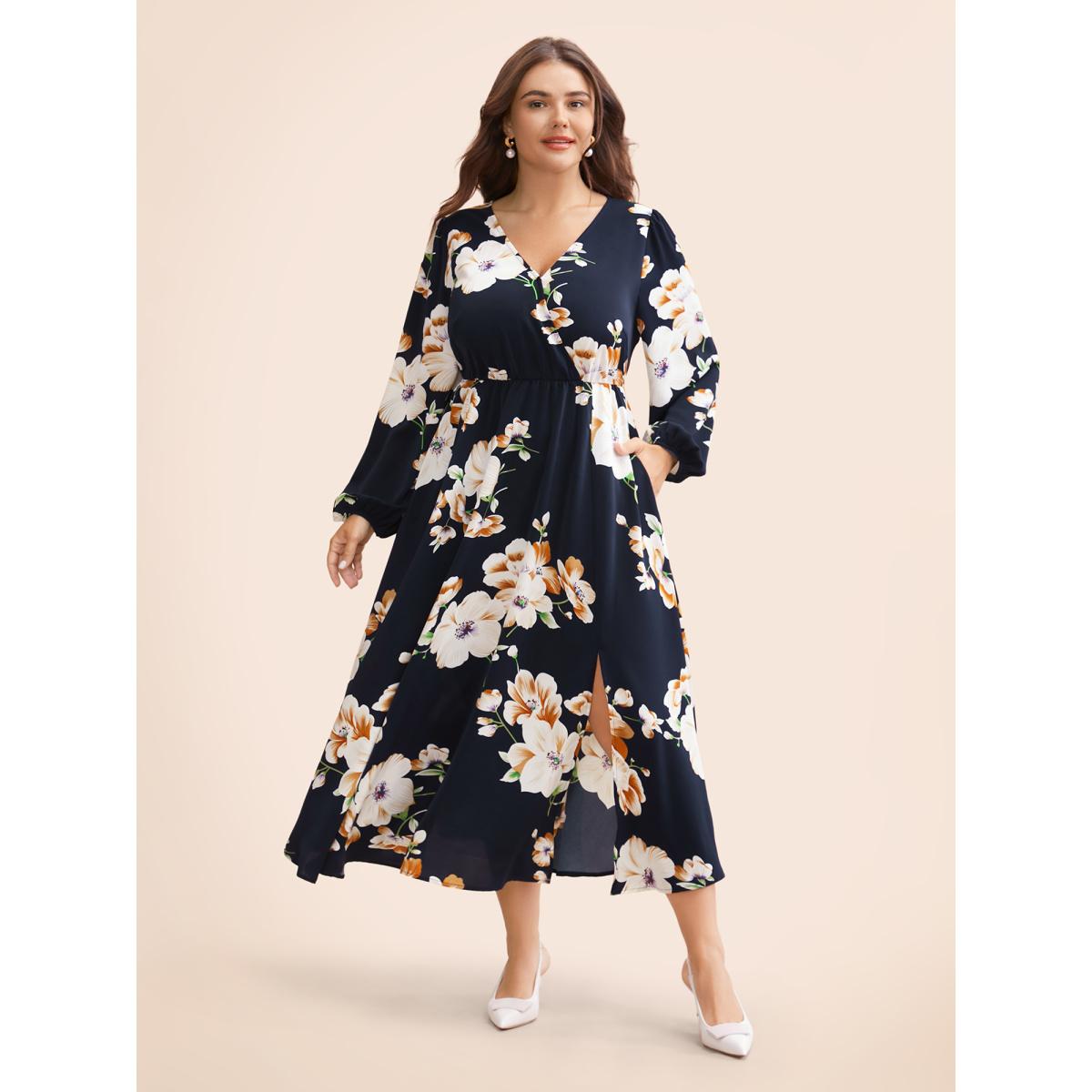 Plus Size Bloom Dress - Floral Lantern Sleeve Pocket Split Surplice Neck Flutter Maxi Dress DarkBlue Women Elegant Printed V-neck Long Sleeve Curvy Long Dress BloomChic 30/6X Product Image