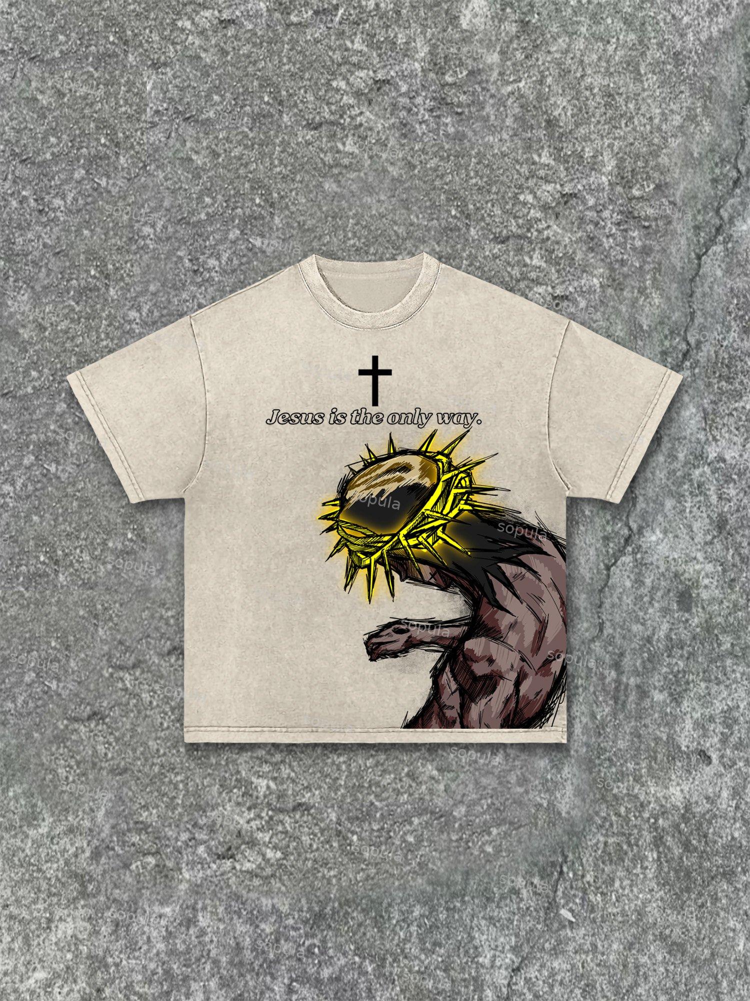 Praying Boy Print Acid Wash T-shirt Product Image