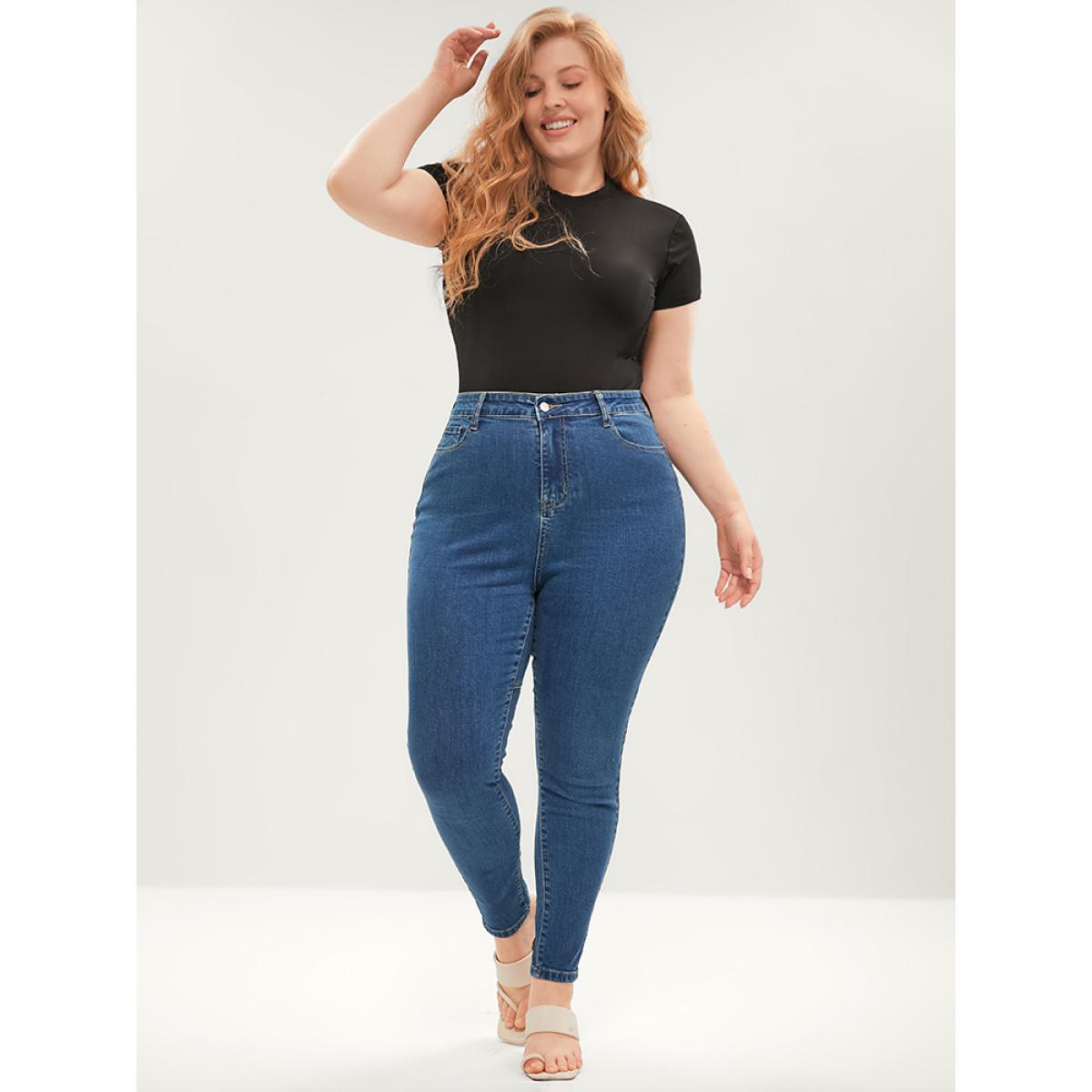 Plus Size Skinny Very Stretchy Mid Rise Medium Wash Patchwork Jeans Women Blue Casual Plain Patchwork High stretch Pocket Jeans BloomChic 16/1X Product Image