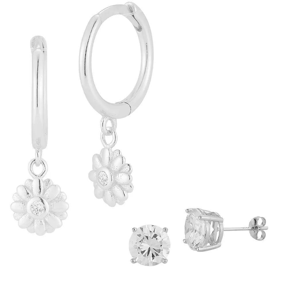 Sunkissed Sterling Sterling Silver Cubic Zirconia Flower Huggie Hoop Earring Duo Set, Women's, Silver Tone Product Image