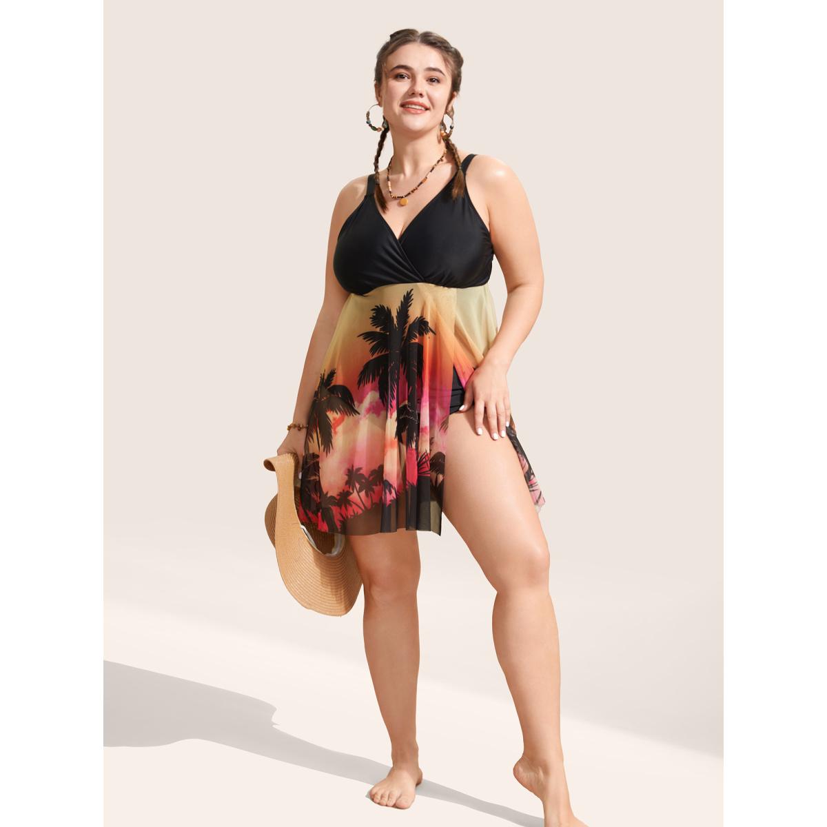 Plus Size Tropical Print Slit Hem See Through Swim Dress Women's Swimwear Multicolor Beach Bodycon Overlap Collar High stretch Curve Swim Dresses BloomChic 12/L Product Image