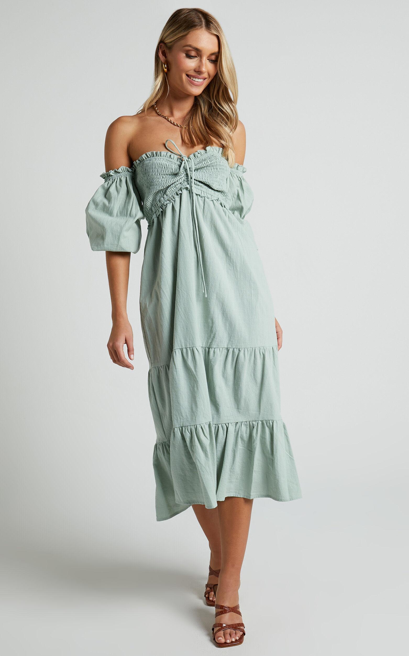Nikka Midi Linen Blend Dress - Shirred Off Shoulder Puff Sleeve Dress in Sage Product Image