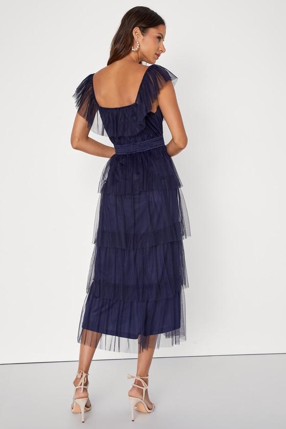 Tier I Come Navy Blue Tulle Square Neck Tiered Midi Dress Product Image