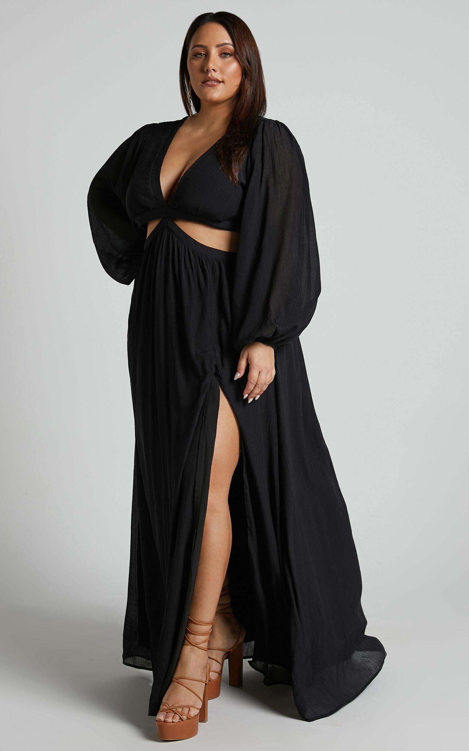 Paige Maxi Dress - Side Cut Out Balloon Sleeve Dress in Black Product Image