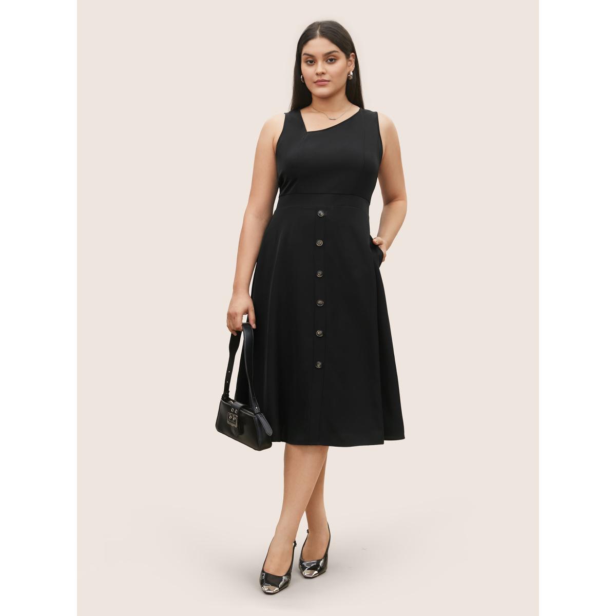 Plus Size Asymmetrical Neck Button Detail Midi Dress Black Women At the Office Non Asymmetrical Neck Sleeveless Curvy Midi Dress BloomChic 26/4X Product Image