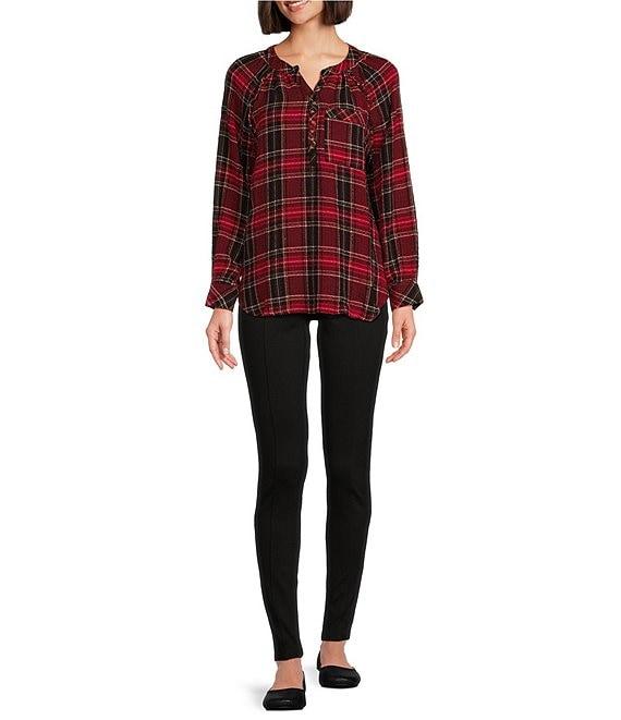 Intro Woven Plaid Split V-Neck Long Sleeve Shirttail Hem Popover Blouse Product Image