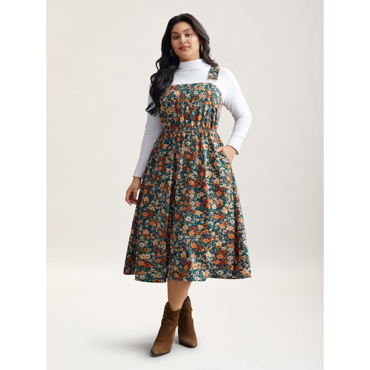 Plus Size Ditsy Floral Adjustable Straps Elastic Waist Dress Teal Women Leisure Gathered Non Sleeveless Curvy BloomChic 12/L Product Image