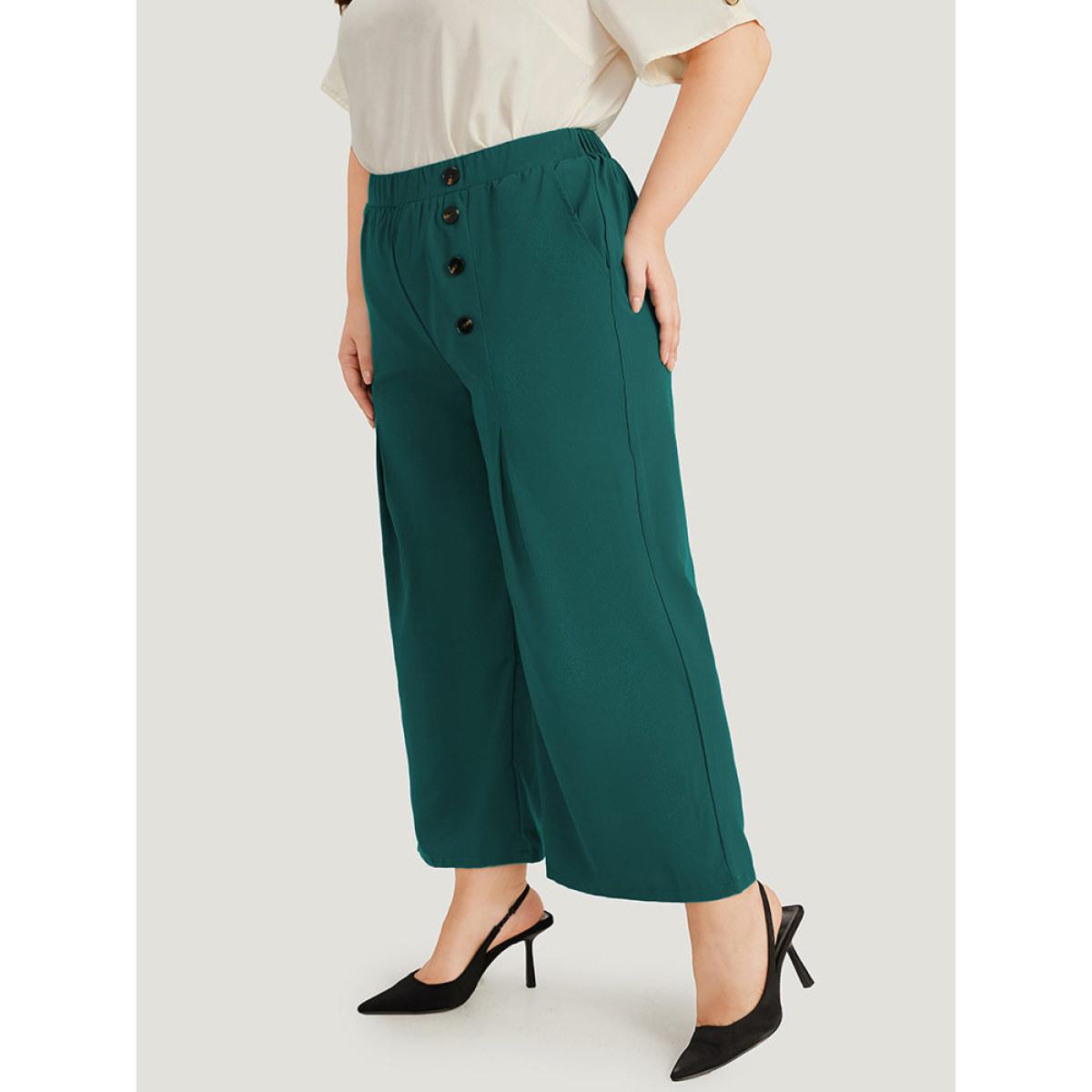 Plus Size Solid Pleated Button Detail Straight Leg Pants Women ArmyGreen Office Straight Leg High Rise Office Pants BloomChic 28/5X Product Image