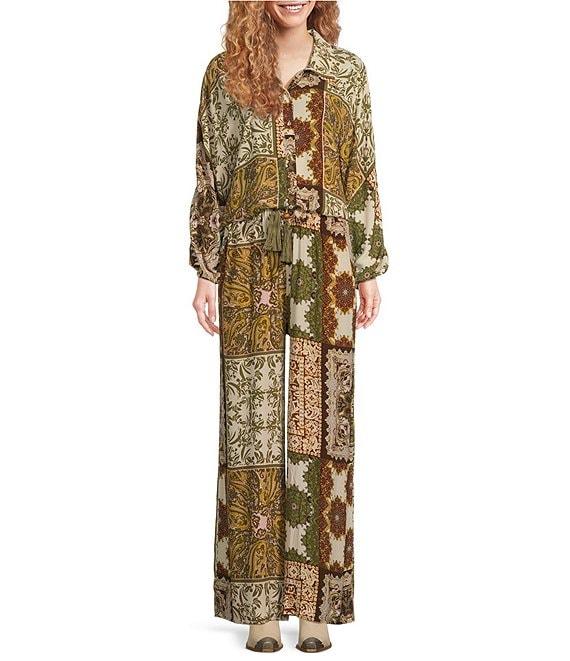 Talisman Freedom Paisley Gardens Crepe Elastic Tie Waist Wide Leg Coordinating Pants Product Image