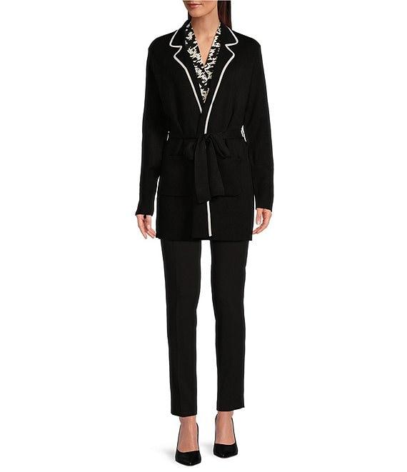 Calvin Klein Contrast Tie-Front Notch Lapel Long Sleeve Sweater Product Image