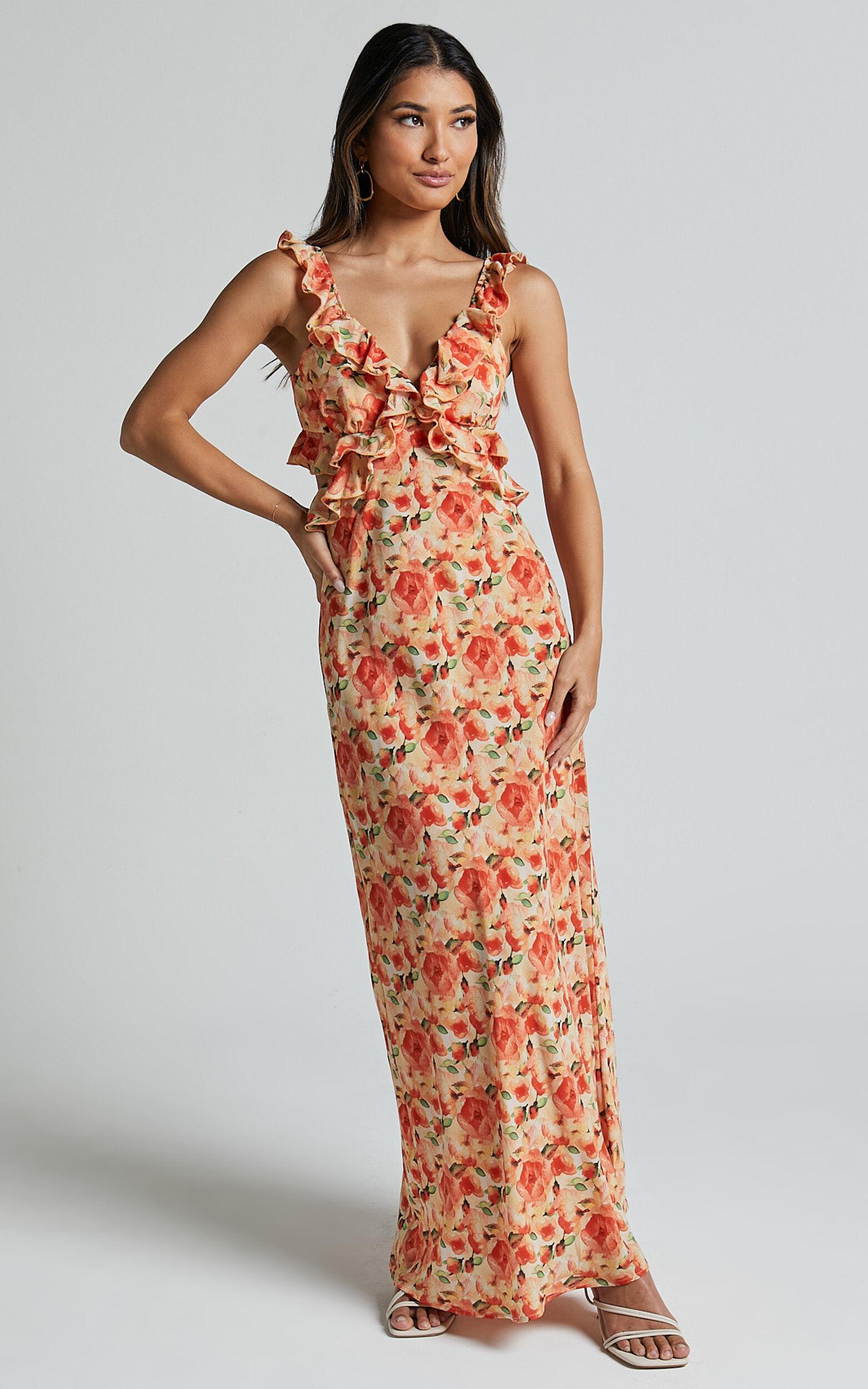 Alessa Maxi Dress - V Neck Frill Detail Empire Waist Back Cut Out Dress in Peach Floral Product Image