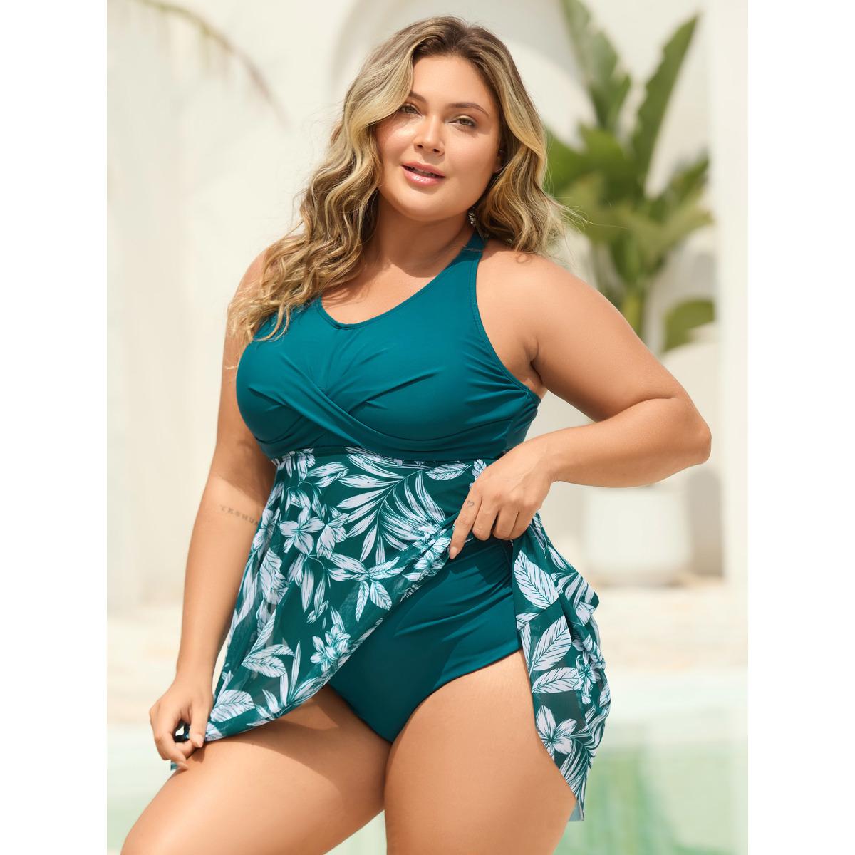 Plus Size Twist Front Mesh Tropical Print Swim Dress Women's Swimwear Cyan Beach Bodycon V-neck High stretch Curve Swim Dresses BloomChic 10/M Product Image