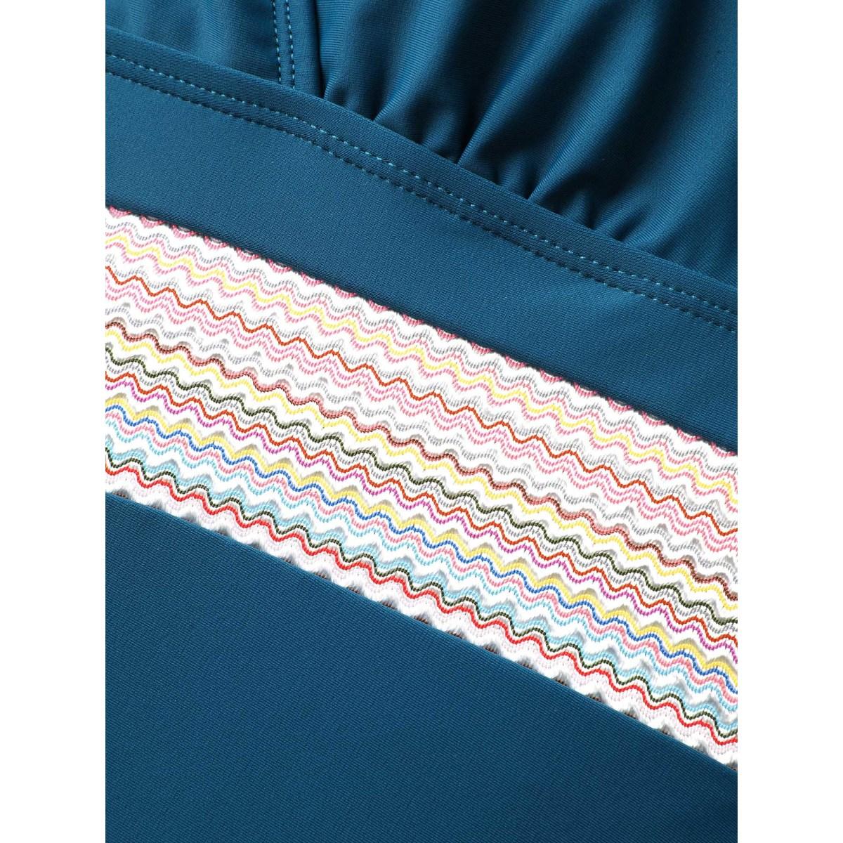 Plus Size Contrast Webbing Drawstring Gathered One-Piece Swimsuit Women's Swimwear Teal Beach Woven ribbon&lace trim Curve Bathing Suits High stretch One Pieces BloomChic 14-16/1X Product Image