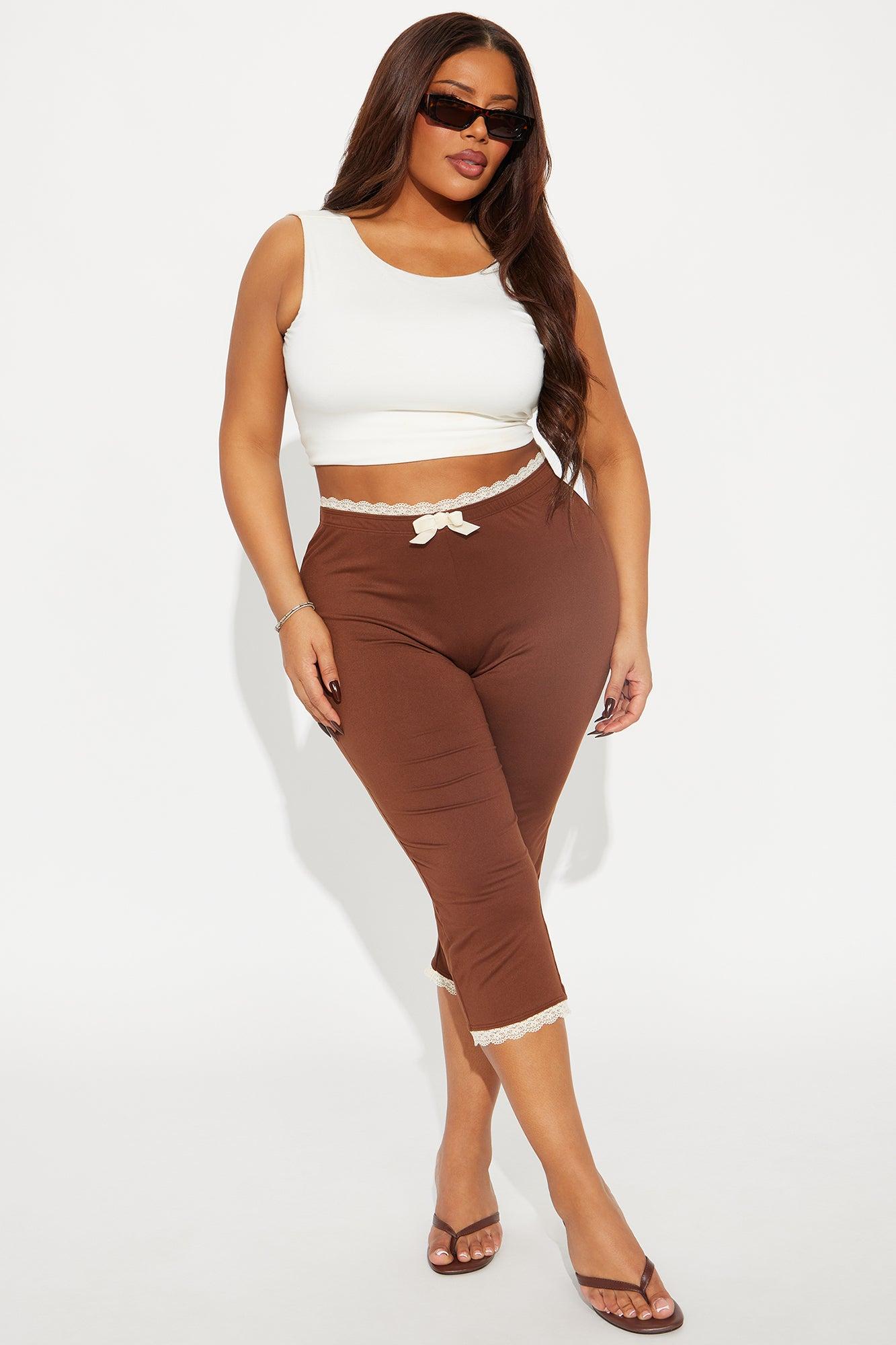 Valentina Solid Lace Trim Capri Legging - Brown Product Image