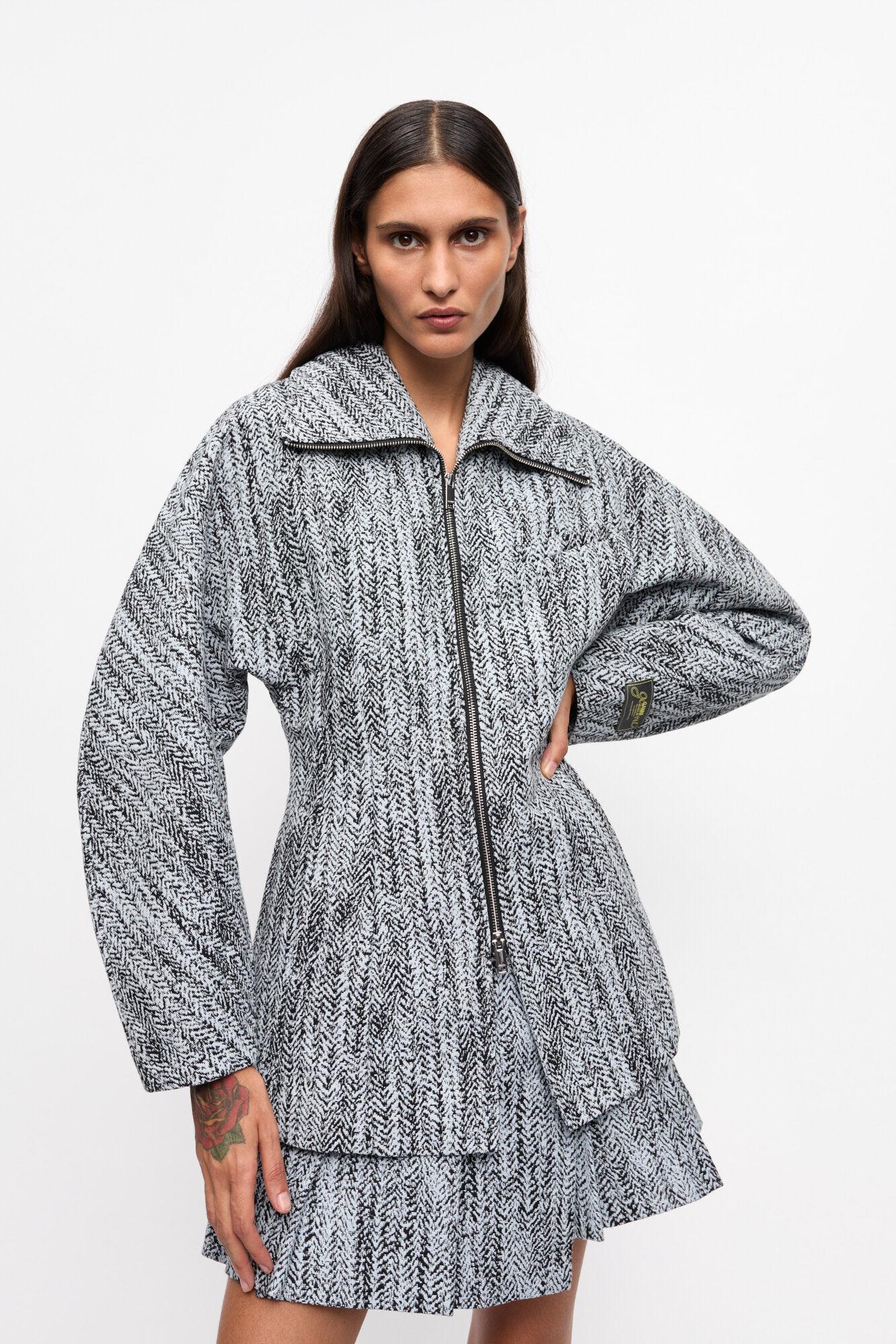 Blue Cotton Tweed Curve Sleeve Jacket Product Image