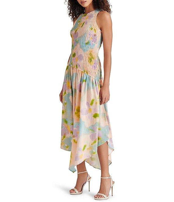 Steve Madden Dresses Mareena Woven Floral Print Crew Neck Sleeveless Smocked Drop Waist Midi Dress Product Image