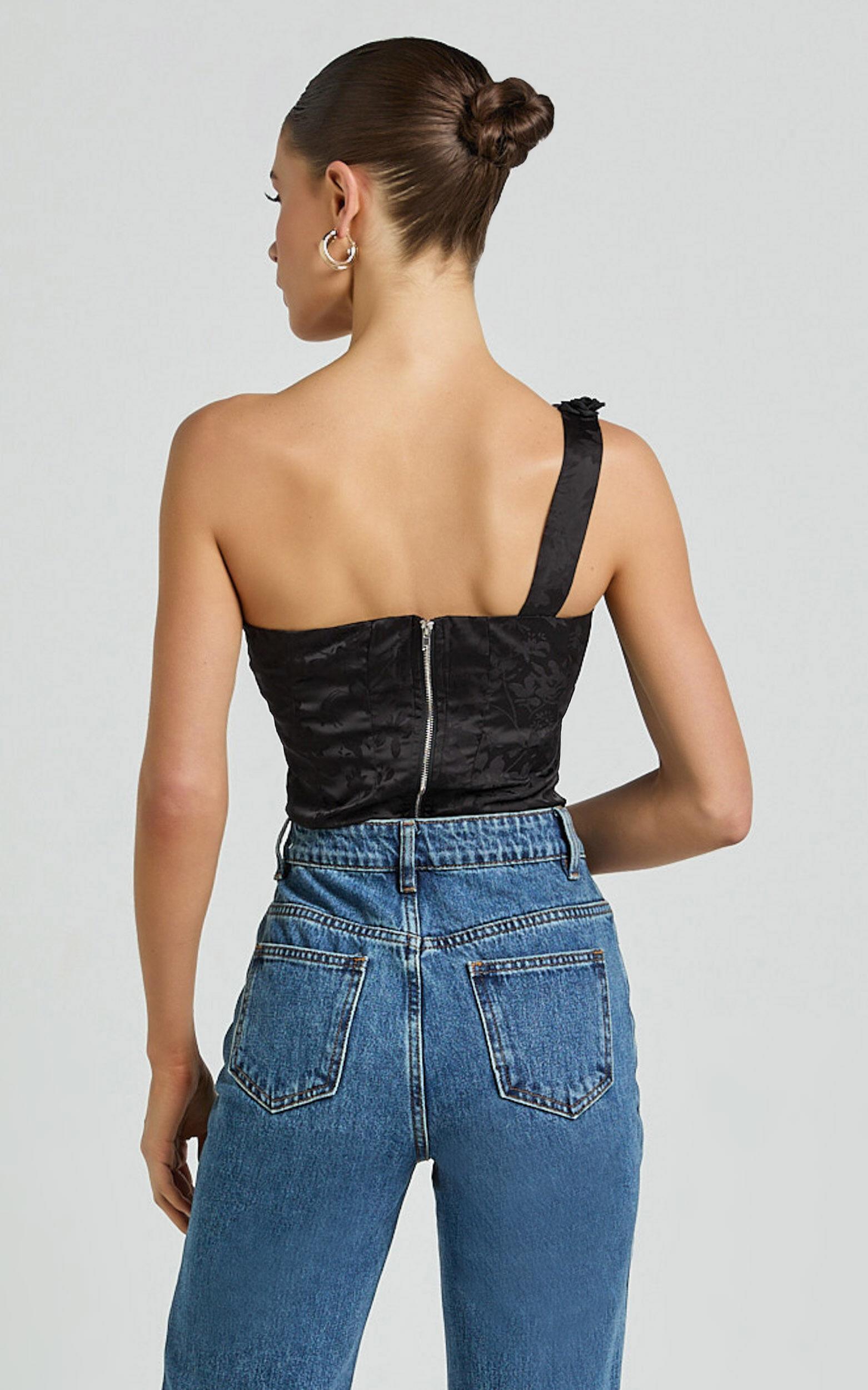 Gemma Top - One Shoulder Rosette Detail Top in Black Product Image