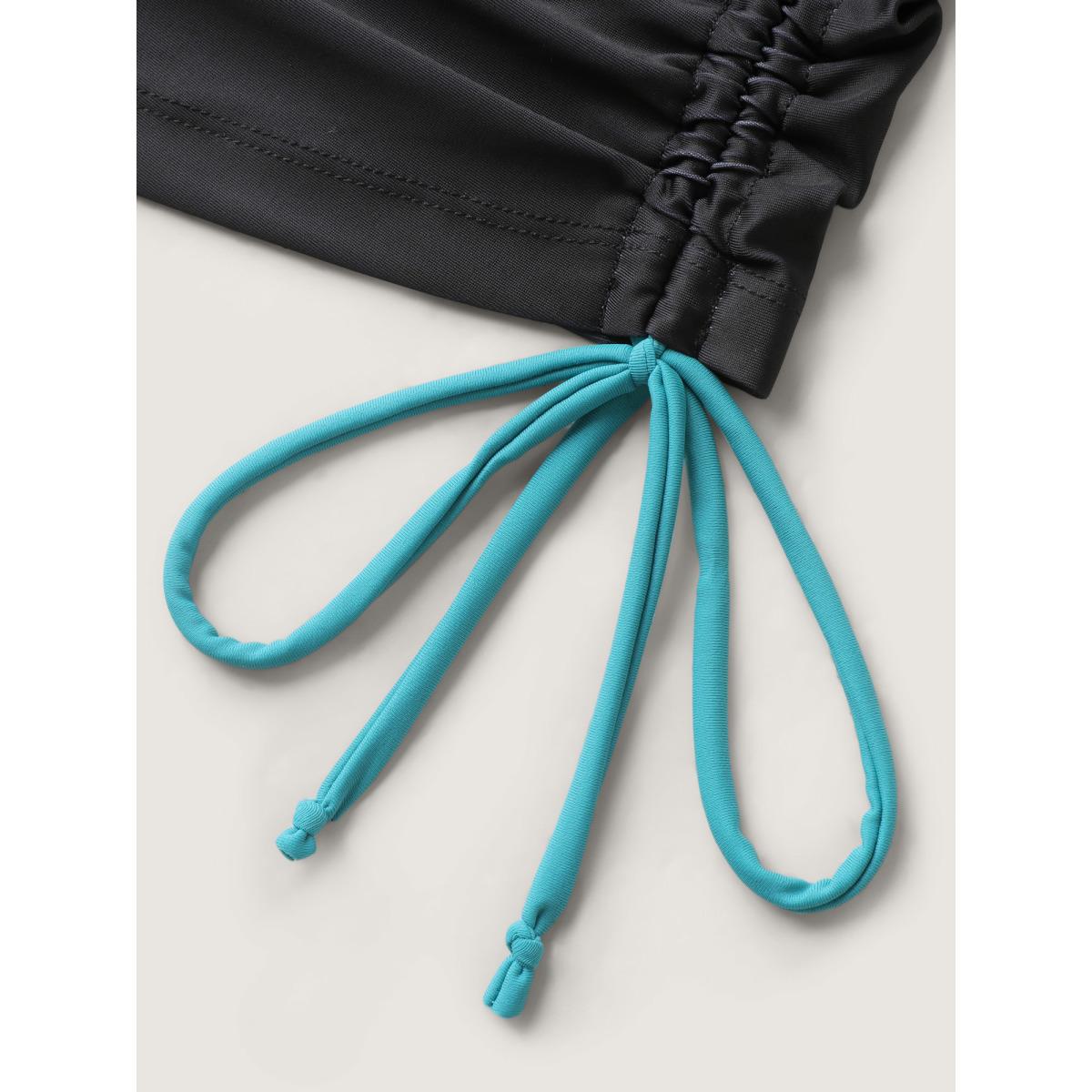 Plus Size Tropical Vibrance Side Drawstring Swim Top Women's Swimwear Black Beach Contrast High stretch Bodycon U-neck Curve Swim Tops BloomChic 14-16/1X Product Image