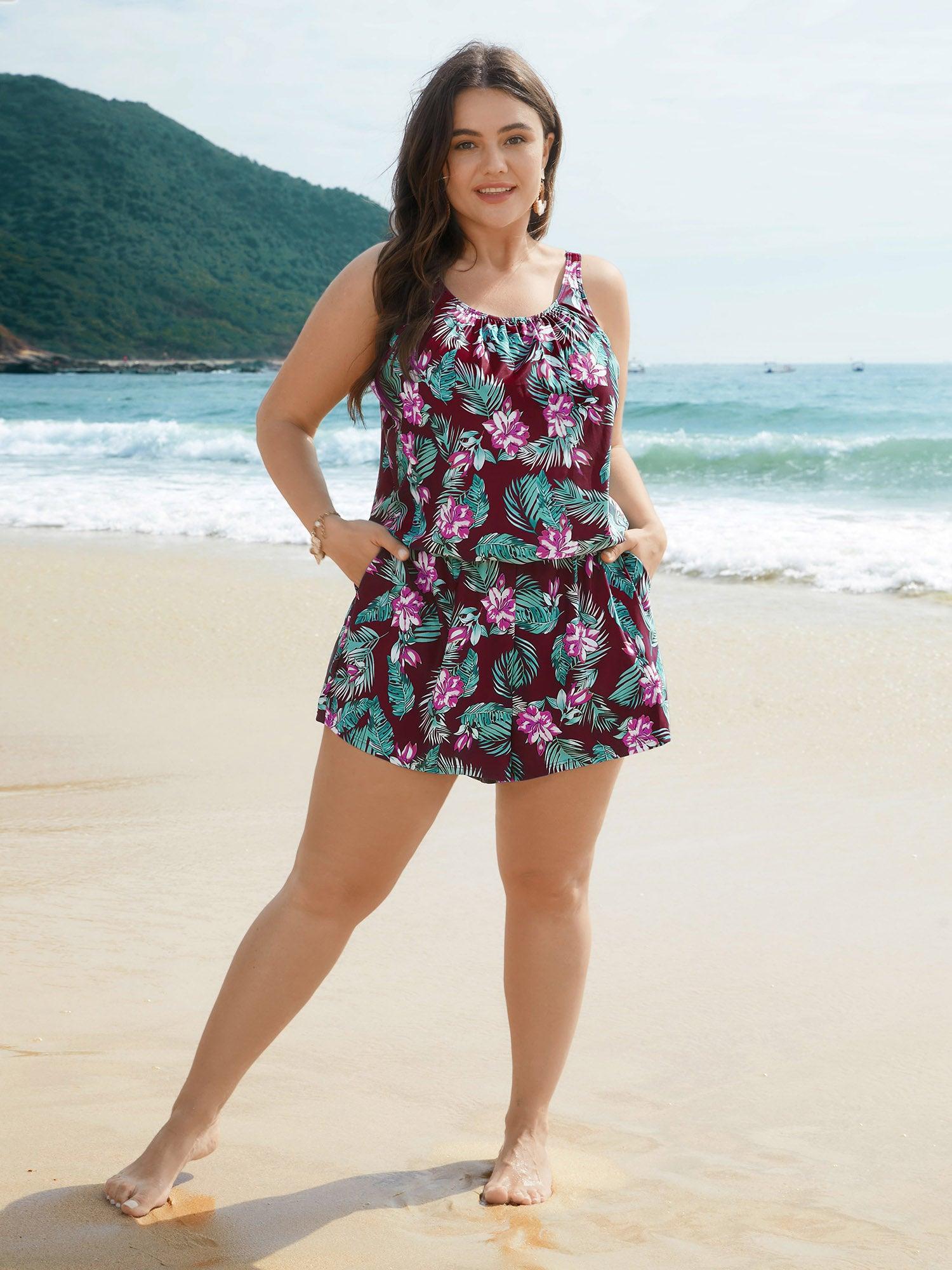 Tropical Flower Print Pockets One-Piece Swimsuit Female Product Image