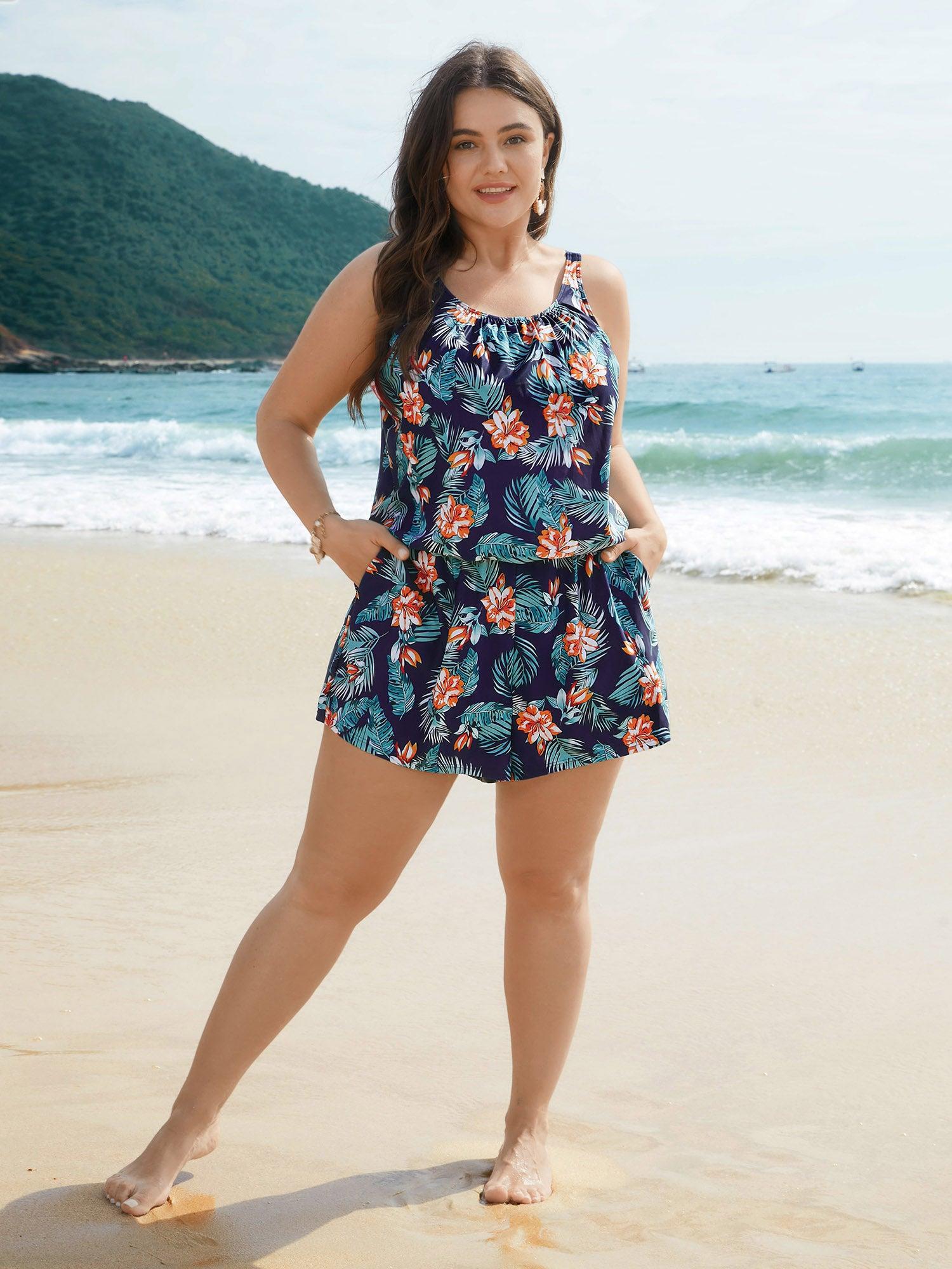 Tropical Flower Print Pockets One-Piece Swimsuit Female Product Image