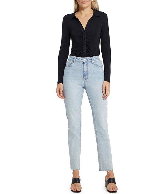 Sanctuary Dreamgirl Long Sleeve Point Collar Ruched Button Front Knit Top Product Image