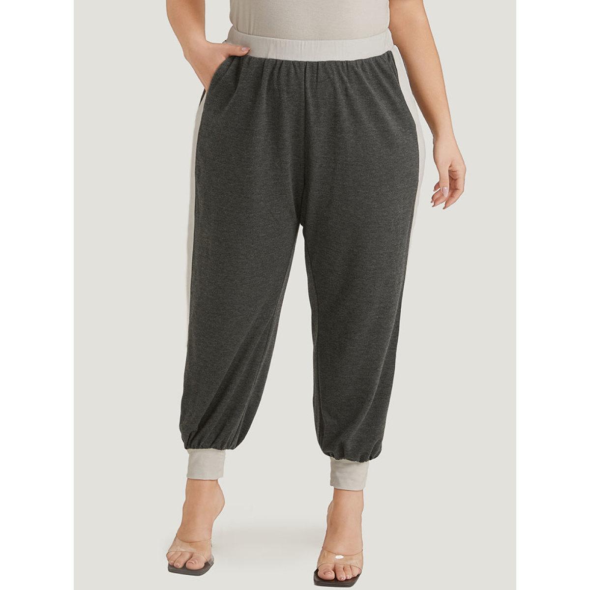 Two Tone Patchwork Pocket Elastic Waist Sweatpants Gray Plus Size Women Elegant Dailywear Contrast 12/L Bloomchic Product Image