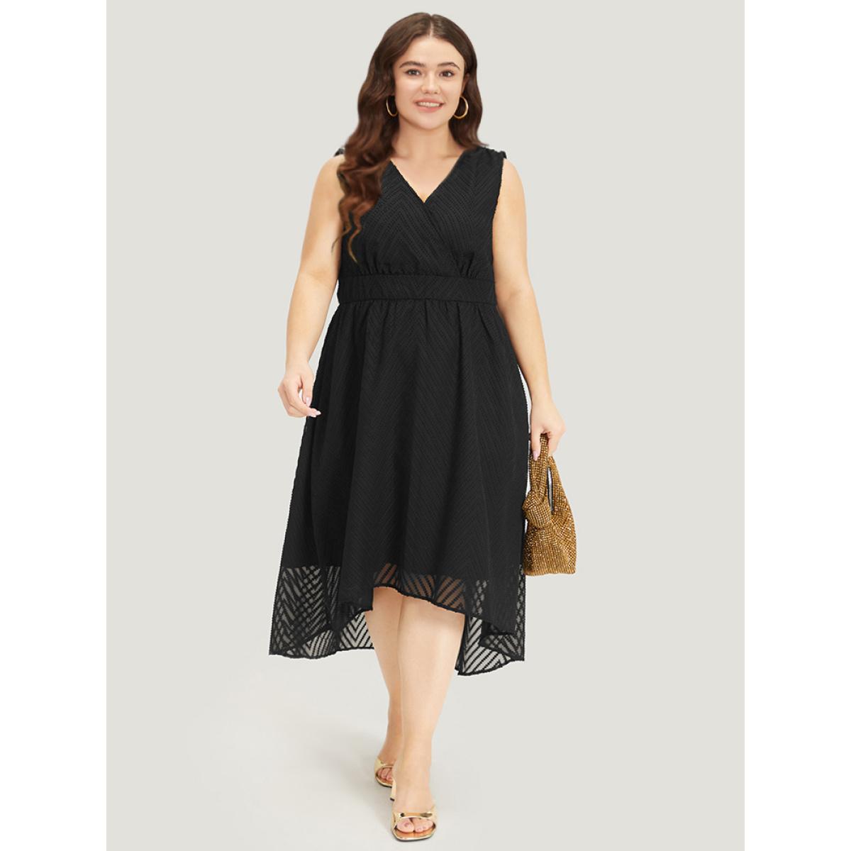 Plus Size Solid Pocket Wrap High Low Hem Tank Dress Black Women Glamour Plain V-neck Sleeveless Curvy Midi Dress BloomChic 26/4X Product Image