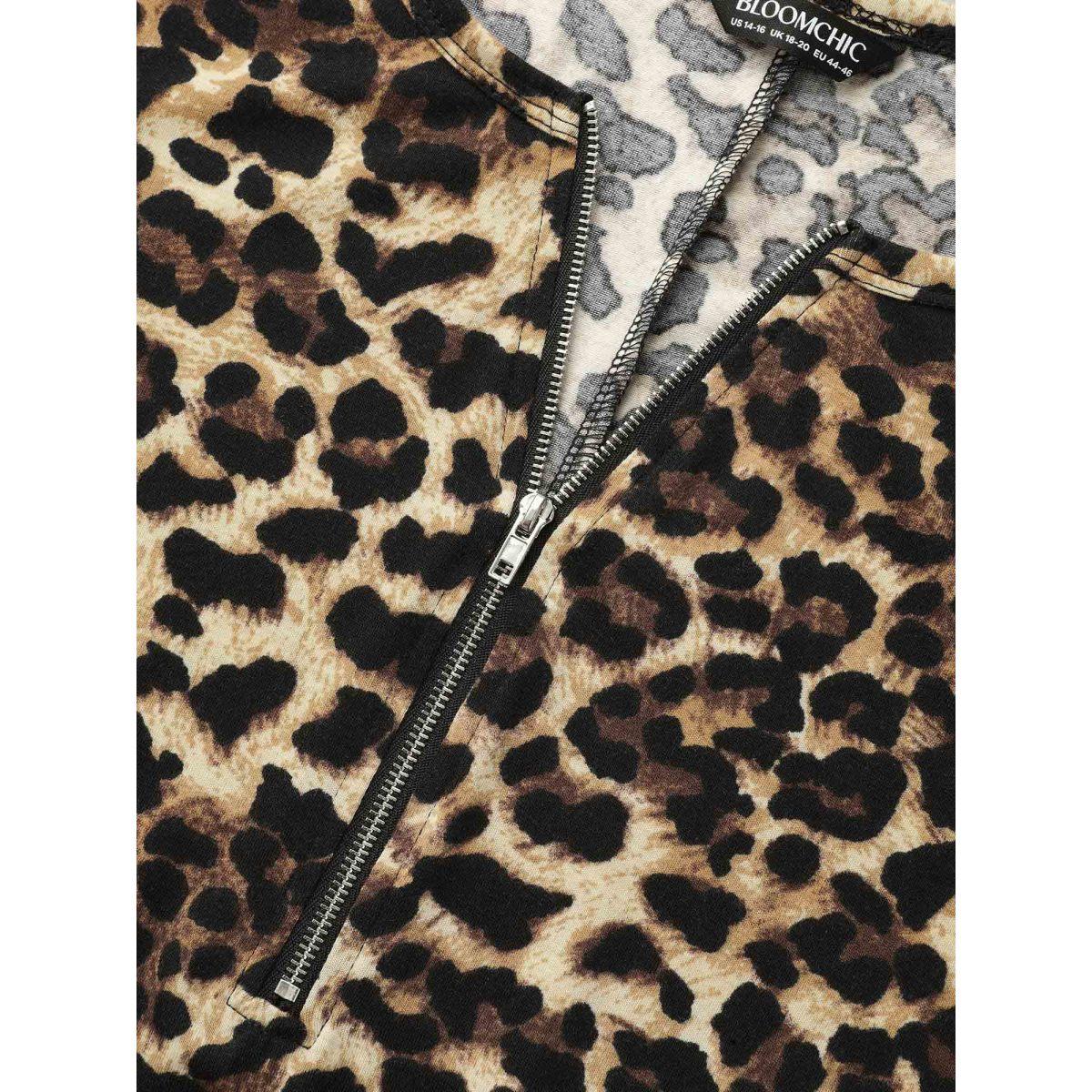Plus Size Leopard Print Half Zipper Arc Hem T-shirt Leopard Women Casual Non Round Neck Loose Everyday T-shirts BloomChic 28/5X Product Image