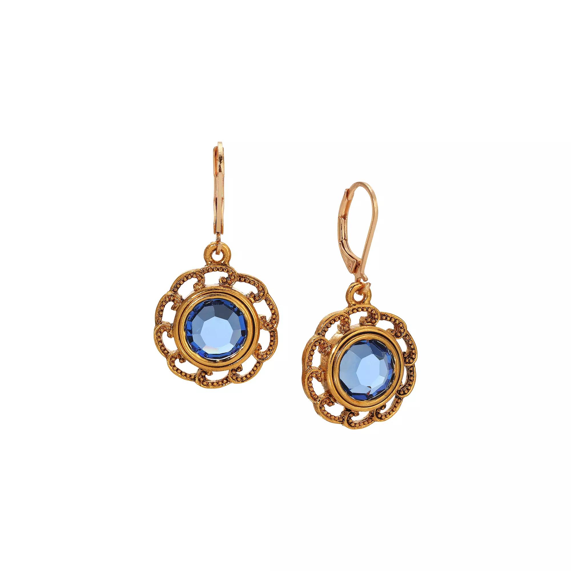 1928 Gold Tone Blue Crystal Round Filigree Drop Earrings, Womens Product Image