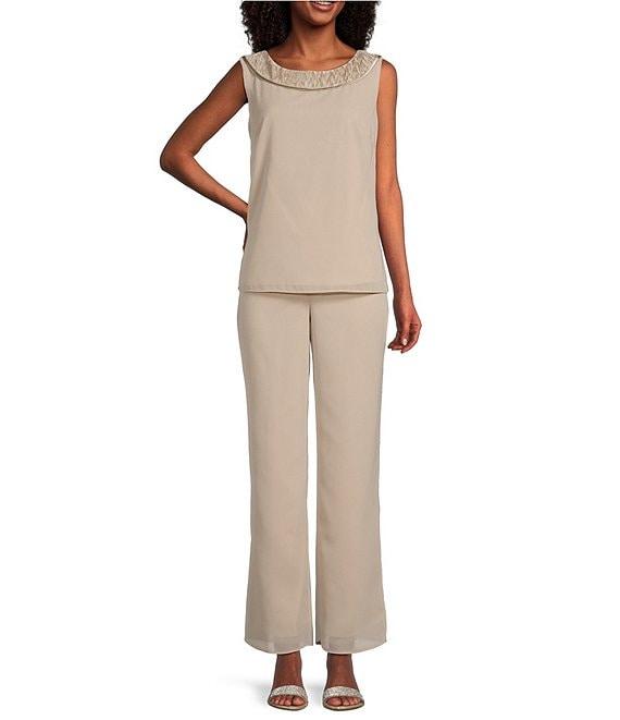 Le Bos Round Neck 3/4 Sleeve Georgette Tonal Trim Evening 3-Piece Pant Set Product Image