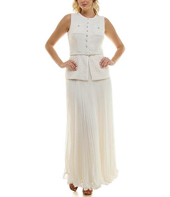 Taylor Knit Boucle Crew Neck Sleeveless Gold Foil Pleated Skinny Belt A-Line Dress Product Image