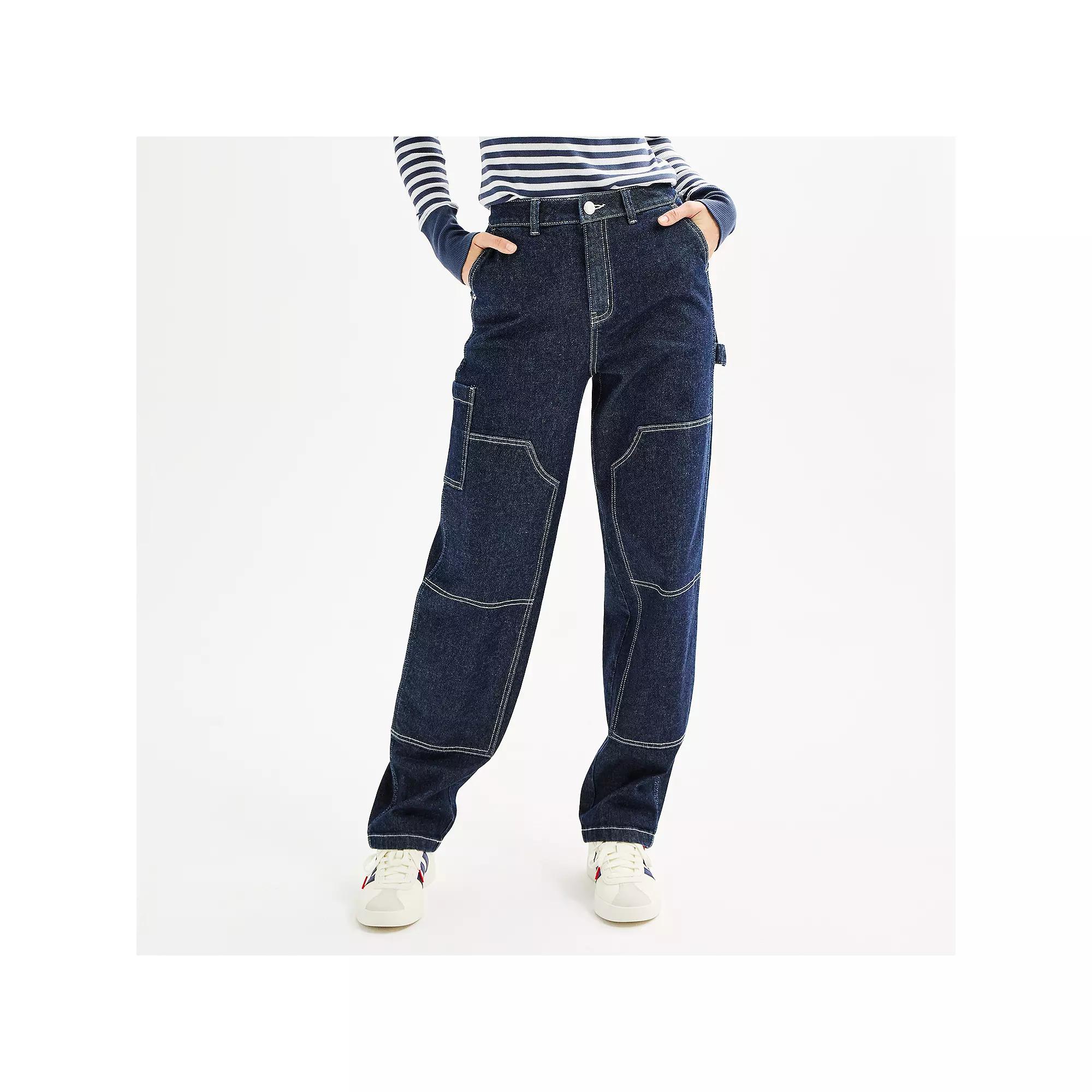 Juniors' SO® High-Rise Barrel Leg Carpenter Jeans, Women's, Size: 0, Rinse Blue Product Image