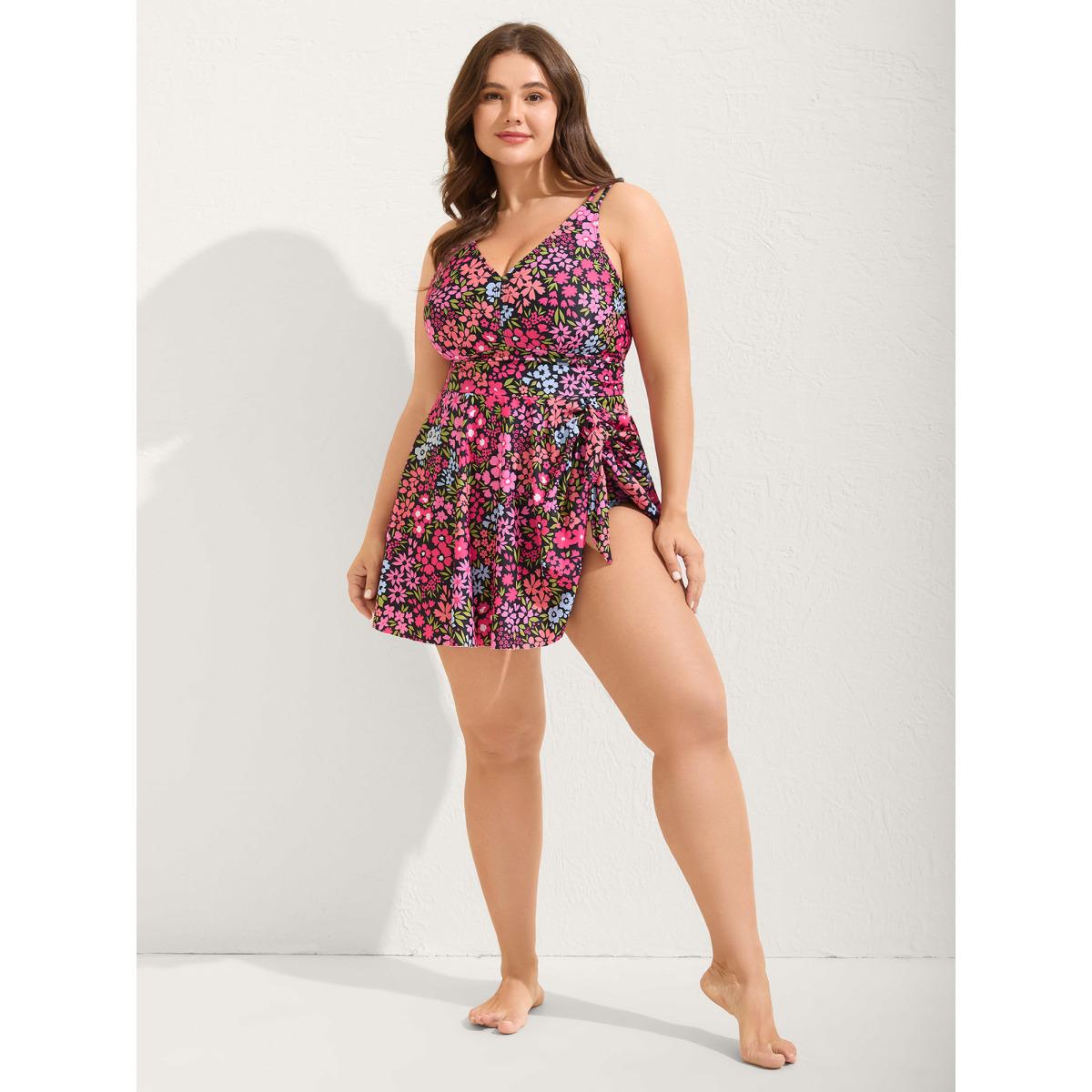Plus Size Knotted Blooming Floral Print Swim Dress Women's Swimwear Black Resort Bodycon V-neck High stretch Curve Swim Dresses BloomChic 12/L Product Image