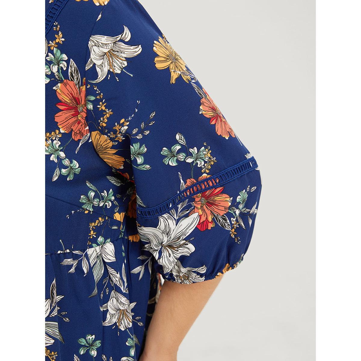 Plus Size Indigo Floral Lantern Sleeve Lace Gathered Notched Blouse Women Elegant Elbow-length sleeve Notched collar Dailywear Blouses BloomChic 26/4X Product Image