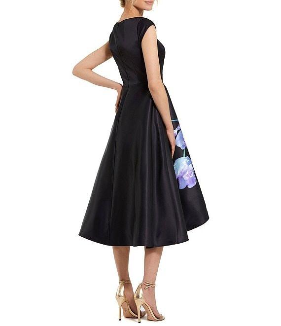 Mac Duggal Boat Neck Satin Cap Sleeve Placement Print Fit & Flare Midi Dress Product Image