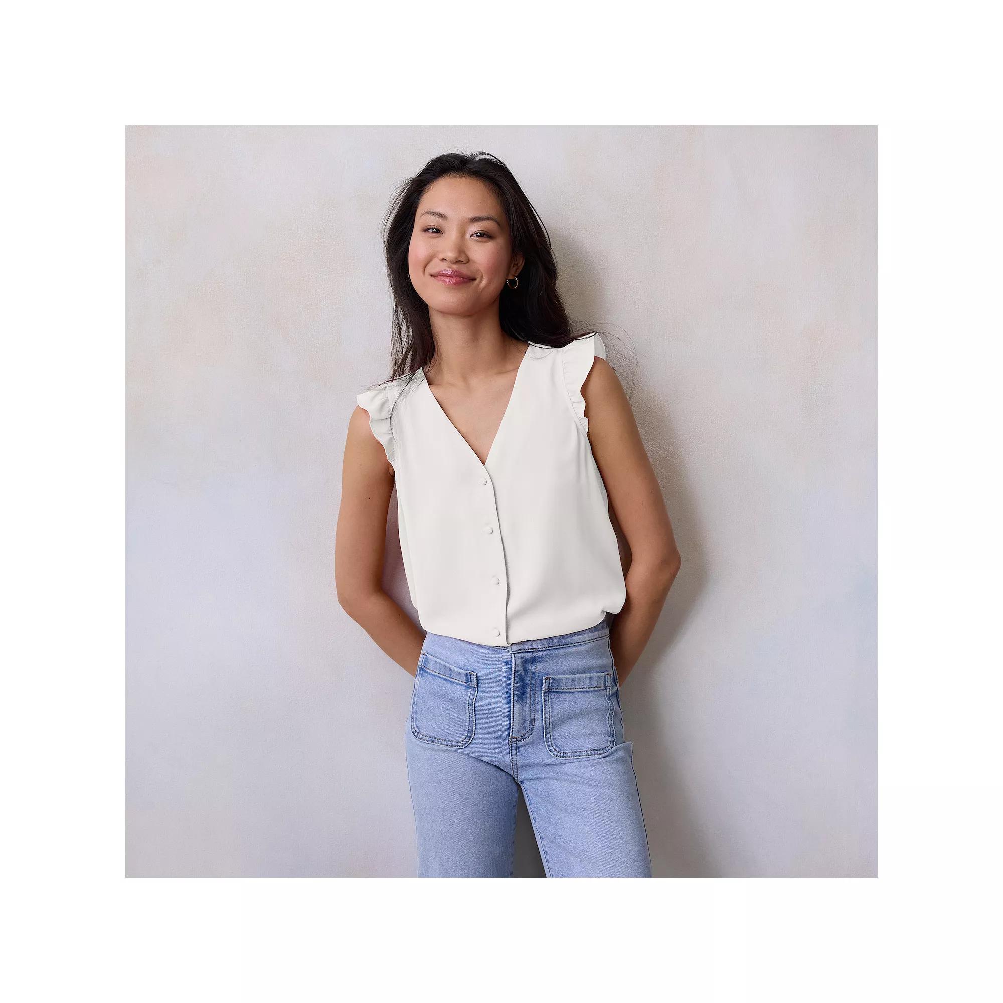 Petite LC Lauren Conrad Ruffle Shoulder V-Neck Tank Top, Women's,  Product Image