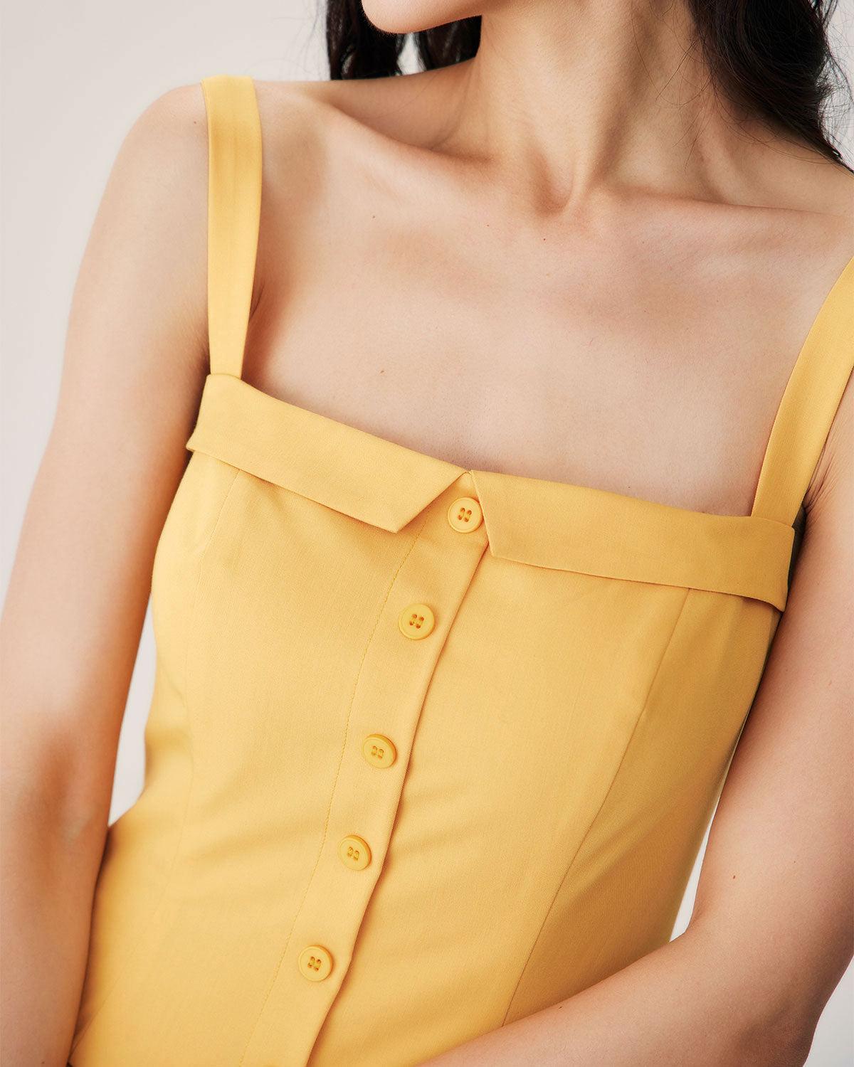 Yellow Button Pleated Slip Midi Dress Product Image